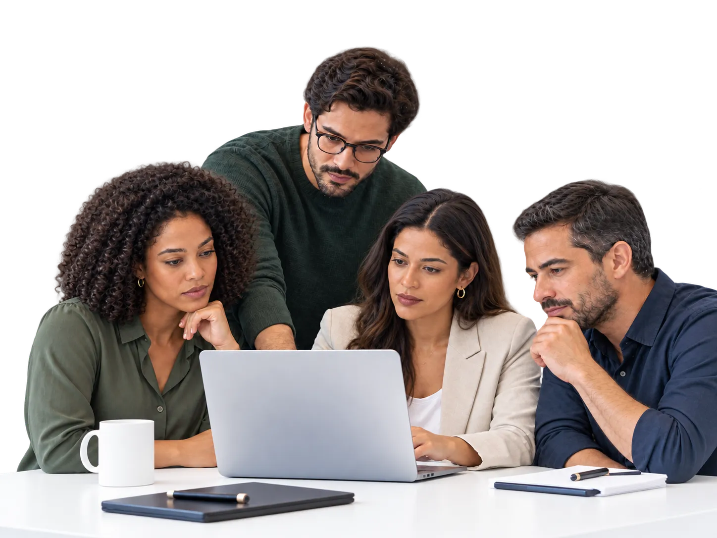 Quatro colegas reunidos em volta de um notebook, analisando juntos o que aparece na tela
